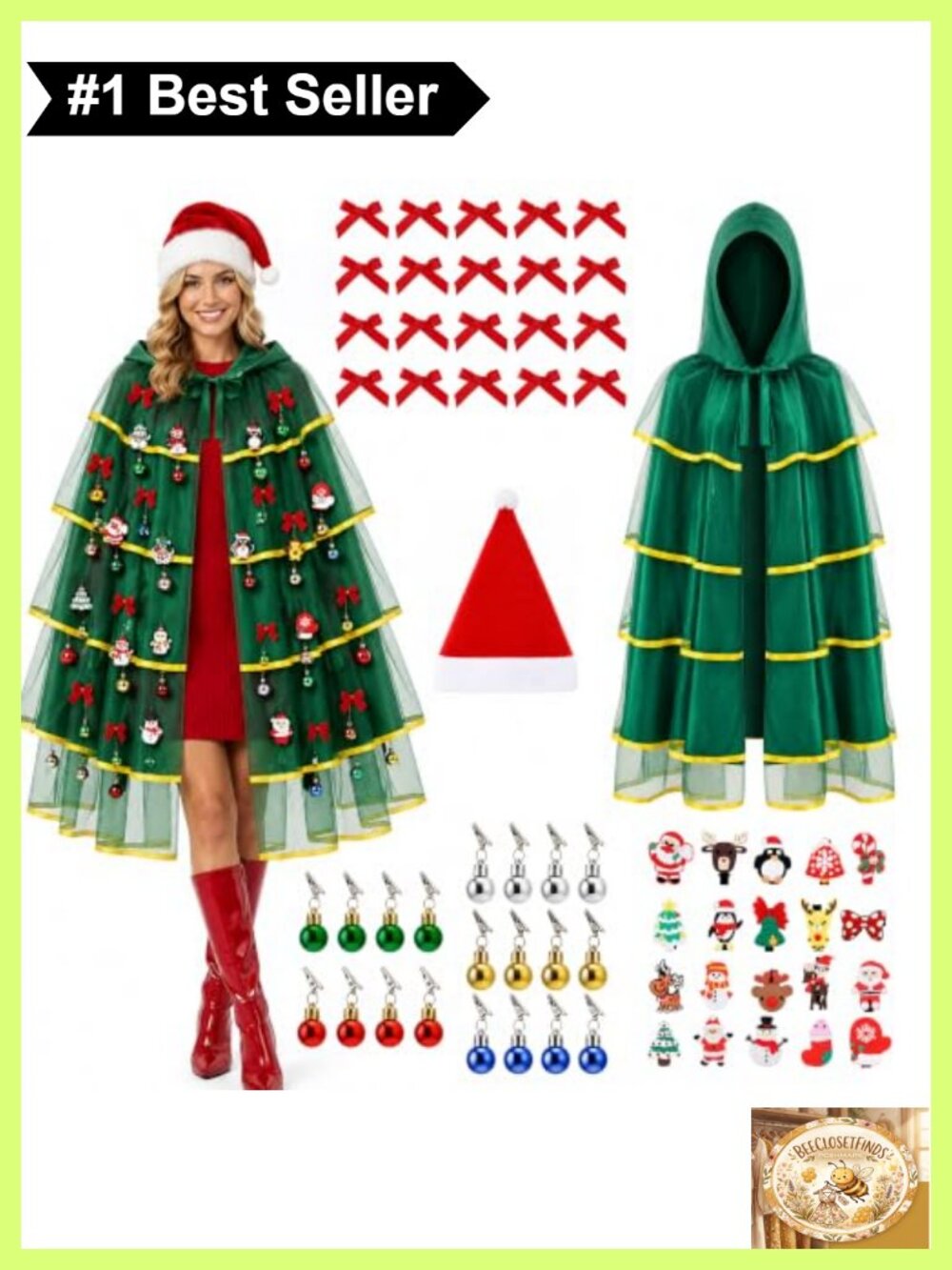 Christmas Tree Costume Set Cape Santa Hat 62 Pc Holiday Party Cosplay